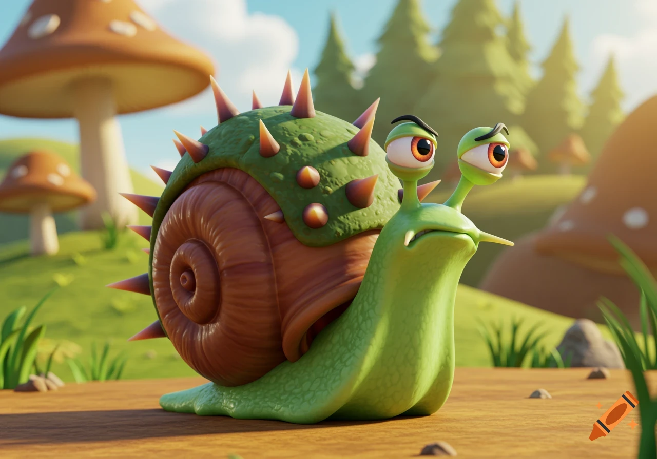 An angry-looking cartoon snail with a green thorny shell and large eyes stands on a wooden surface in a whimsical forest with mushrooms.