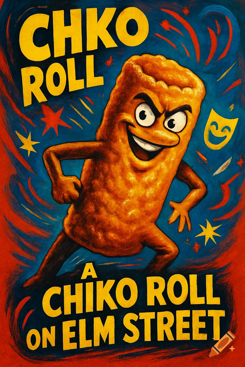 A horror movie poster parody featuring a an evil-looking chiko roll with arms and legs, on a red and blue background with text that reads "CHKO ROLL" and "A CHIKO ROLL ON ELM STREET."