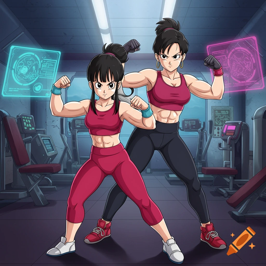 Two muscular anime women, resembling Chi-Chi and her mom from Dragon Ball Z, flex their arms in a gym.