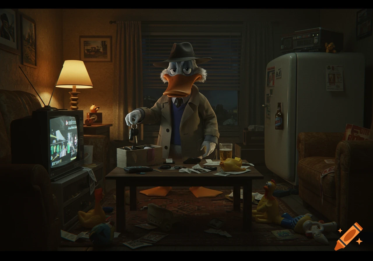 Anthropomorphic duck resembling Howard the Duck in a trench coat and fedora, standing in a messy, dimly lit retro apartment, tossing keys into a box.
