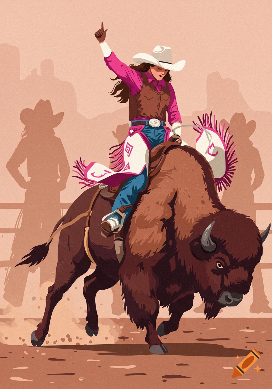 A stylized illustration of a cowgirl in a pink shirt and white hat riding a bucking brown bison at a rodeo arena, with blurred spectator silhouettes in the background.