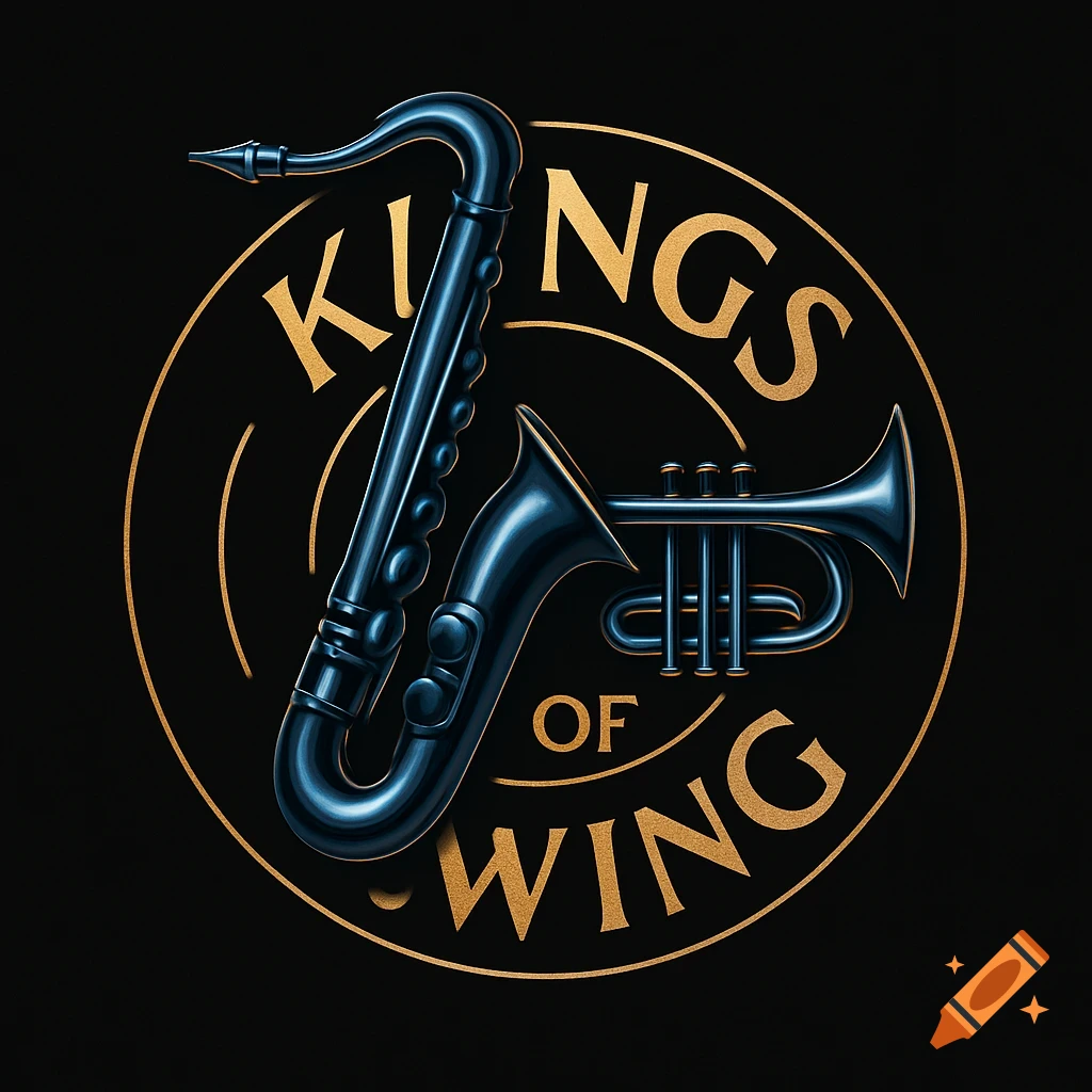 A cool jazz band logo with a dark blue saxophone and trumpet in a gold circle, with the words 'KINGS OF SWING' in gold text.