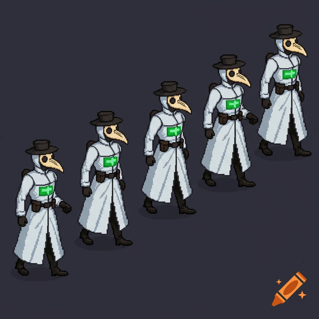 Pixel art sprite sheet of five plague doctors in white tactical lab coats with green medic emblems, walking right.