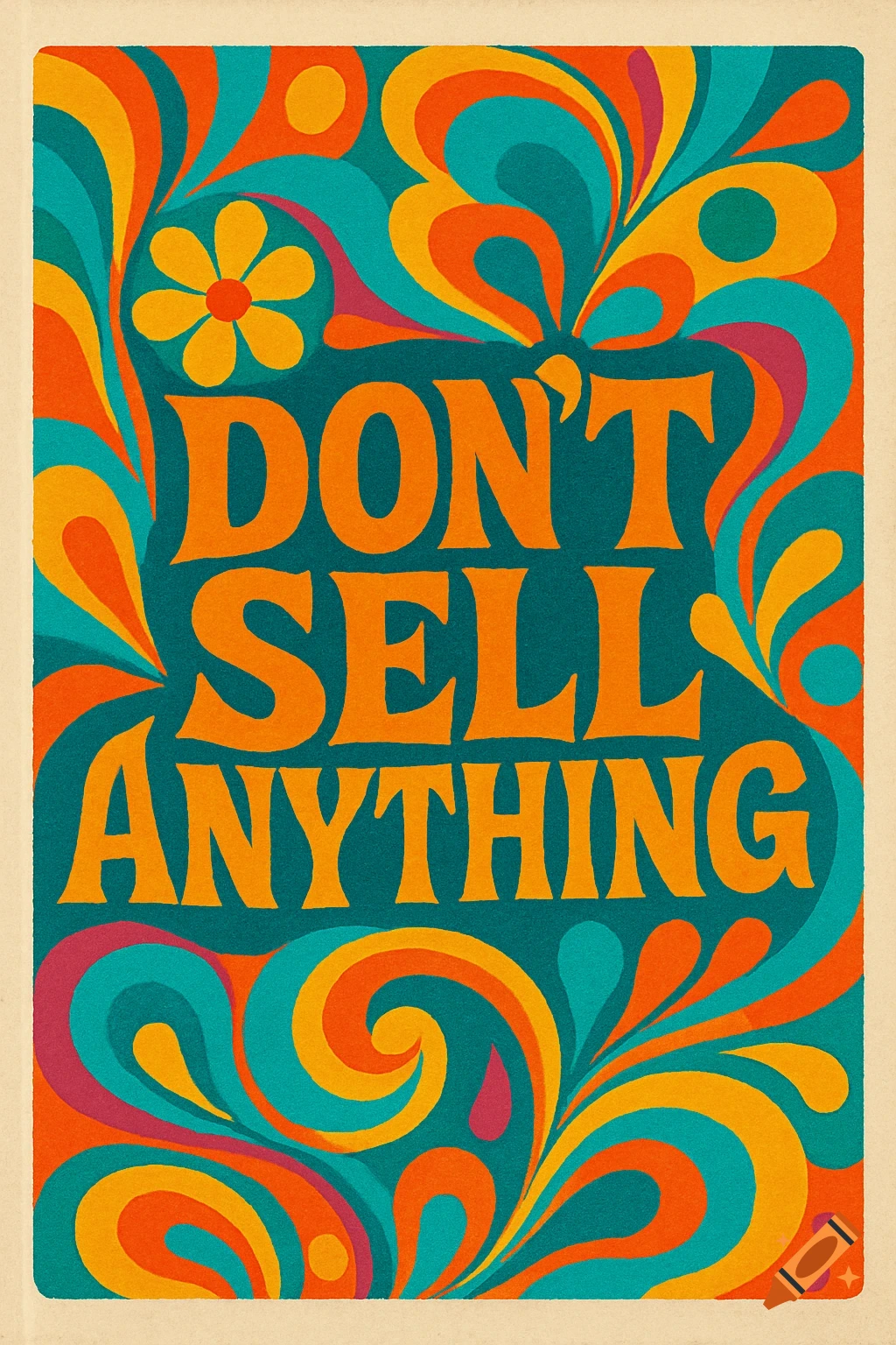 A vibrant psychedelic poster in 1960s style with orange text 'DON'T SELL ANYTHING' surrounded by colorful swirls.