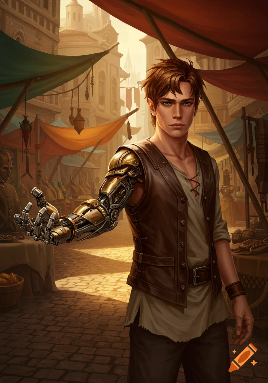 Young man with a detailed golden mechanical right arm stands in a bustling market street.
