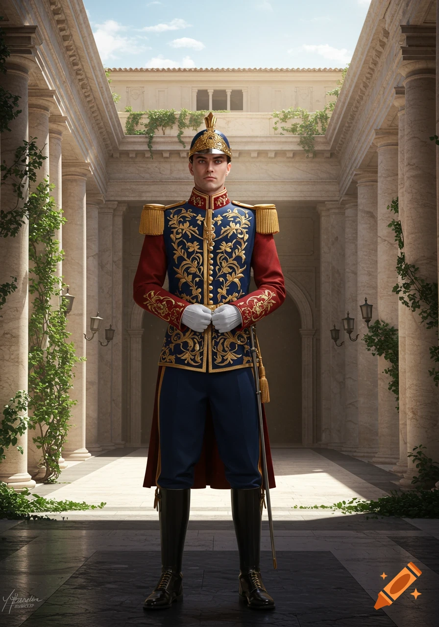 A man in a blue and red ornate military uniform stands in a sunlit classical colonnade.