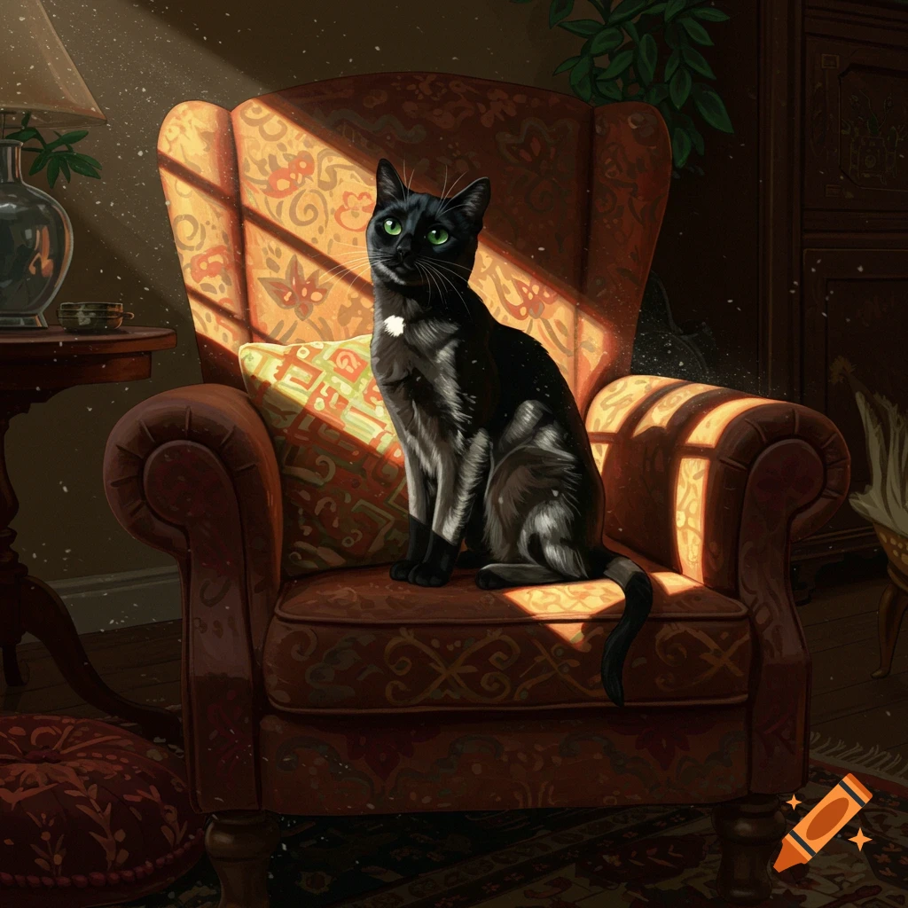 A black cat with green eyes sits on a patterned armchair in a sunbeam, with dust motes visible in the light.
