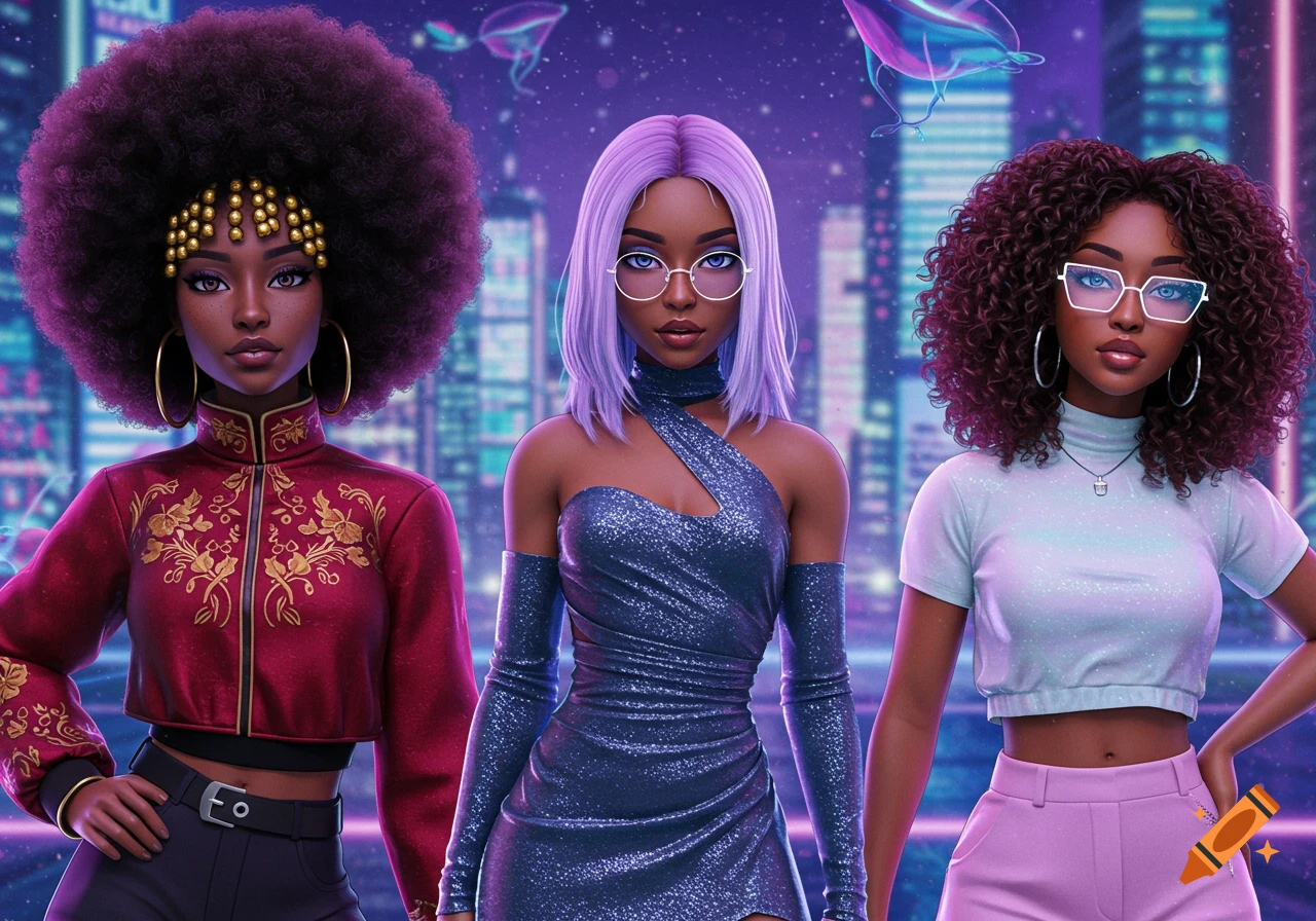 Three stylized Black women in fashionable outfits stand in a vibrant, neon-lit futuristic city.