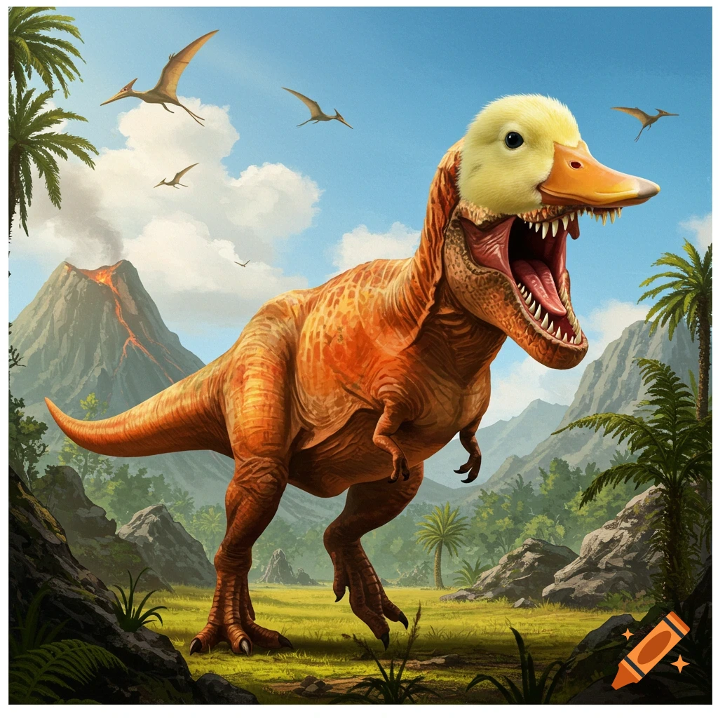 An illustrated orange T-Rex with a duck head roars in a prehistoric jungle with volcanoes and pterodactyls.