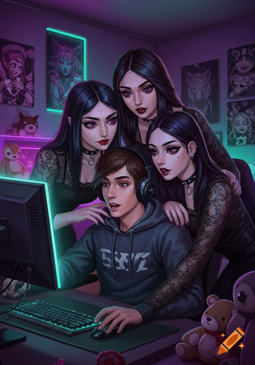 A gamer boy with headphones plays on a computer, surrounded by three goth women, in a neon-lit room. Digital art illustration.