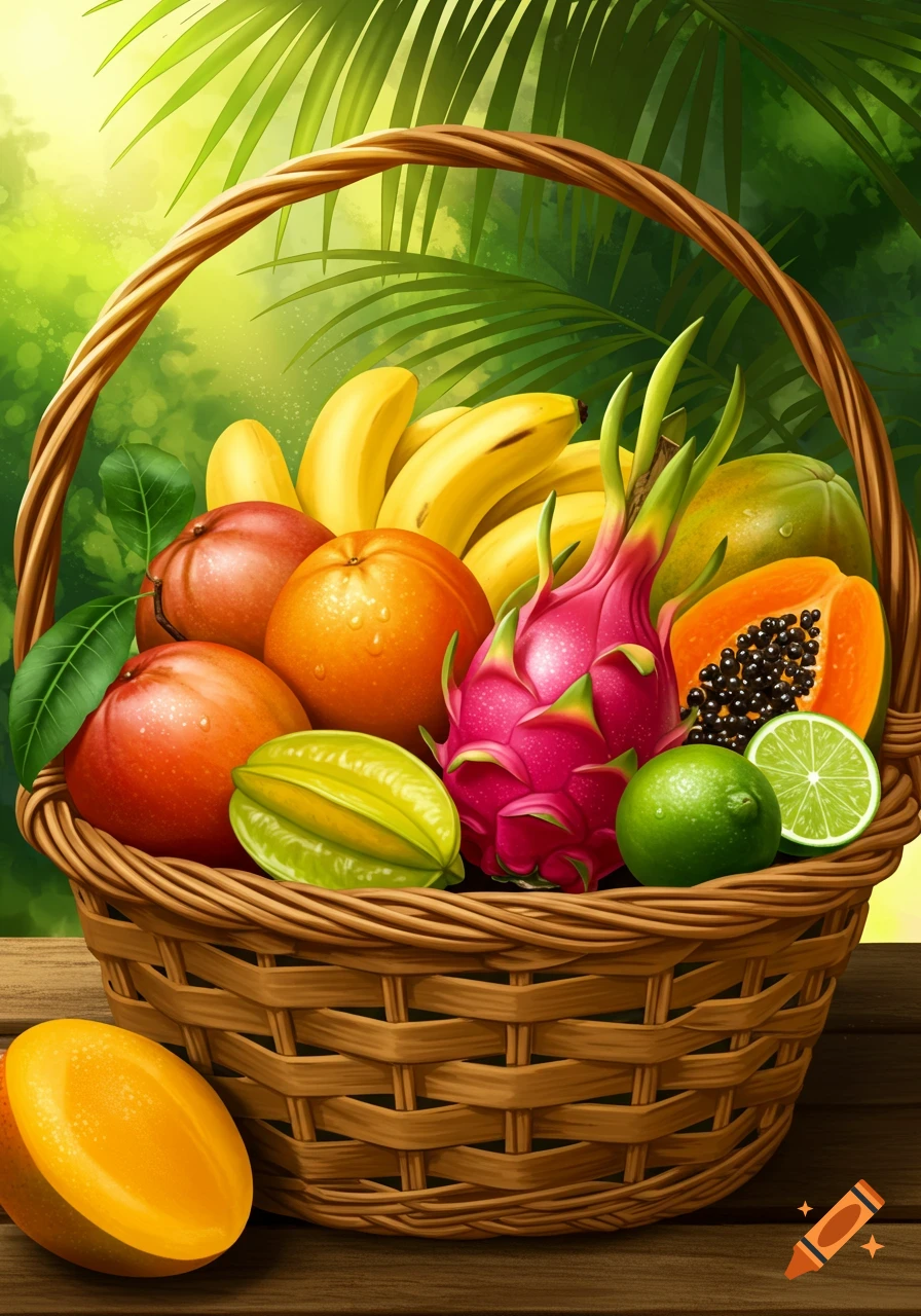 A woven basket filled with vibrant tropical fruits including bananas, dragon fruit, mangoes, papaya, starfruit, and limes, set in a lush green environment.