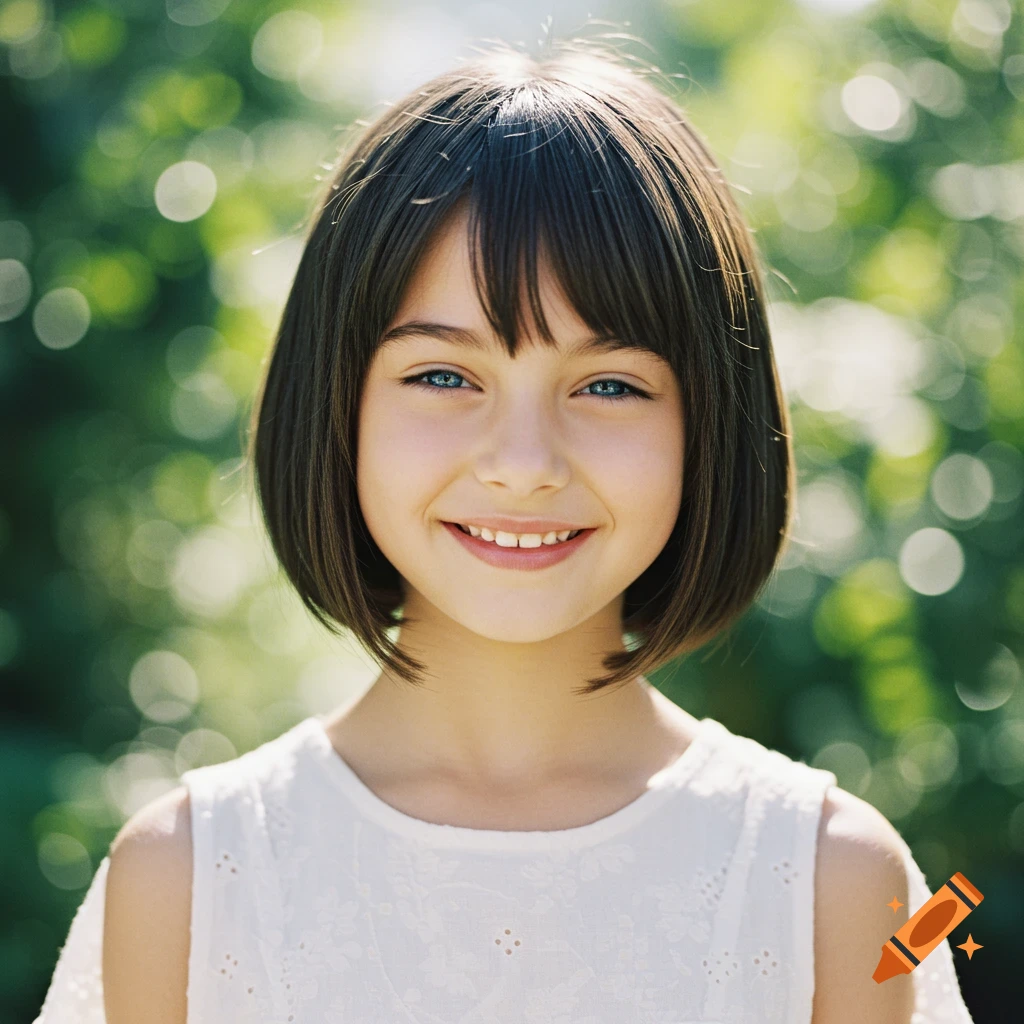A close-up portrait of a young girl with blue eyes and a bob haircut smiling outdoors with a bokeh background.