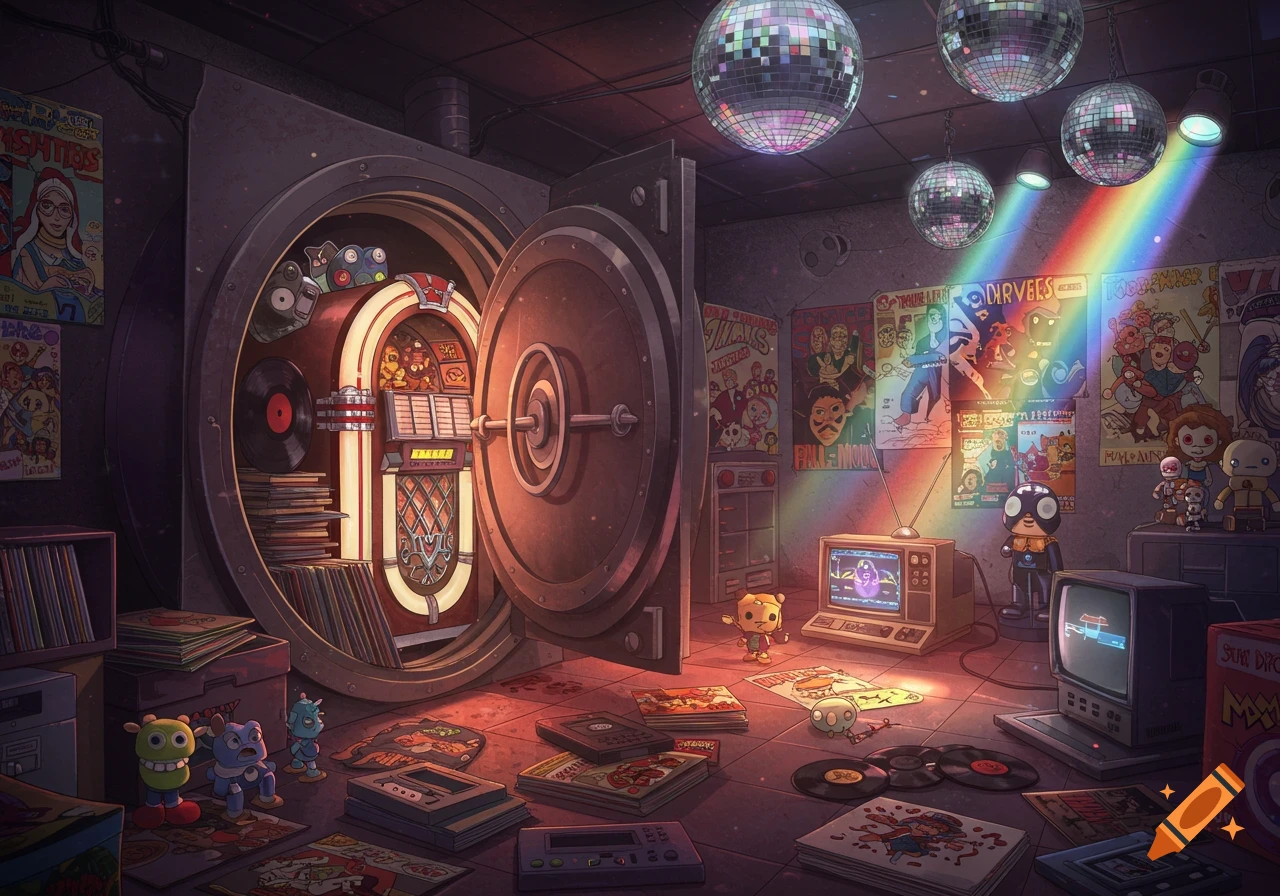A vibrant digital art illustration of a pop media vault with an open vault door revealing a jukebox, disco balls, posters, vinyl records, and cute alien figures.