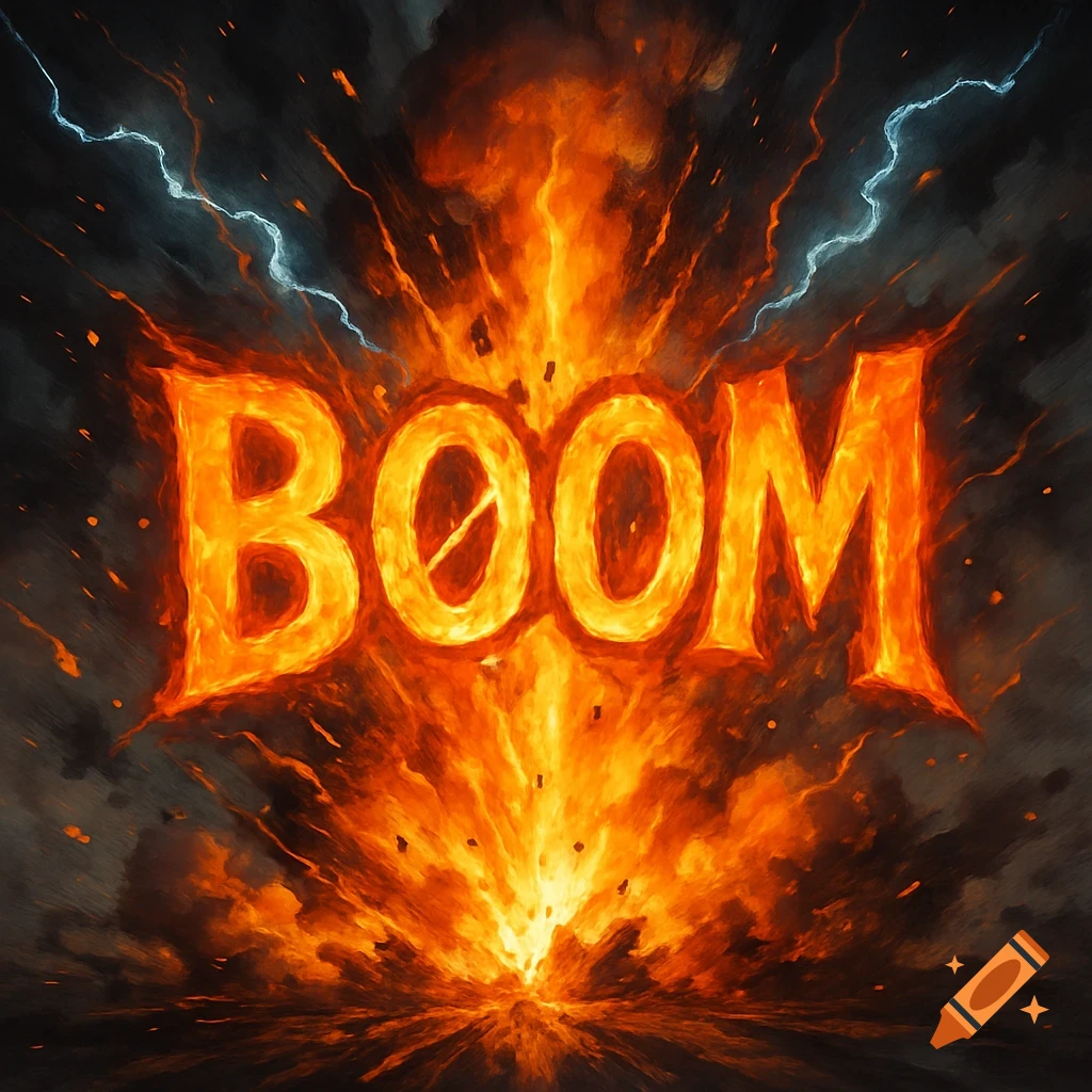 The word BOOM in large, fiery orange letters, surrounded by a bright explosion with sparks and some lightning against a dark background.