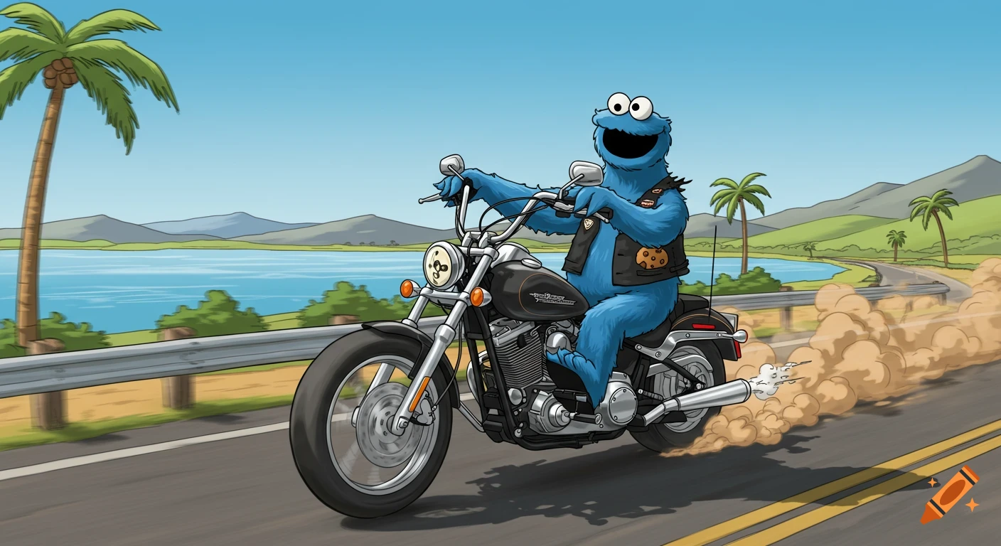 Cartoon of Cookie Monster riding a Harley-Davidson motorcycle on a highway next to a lake with palm trees.