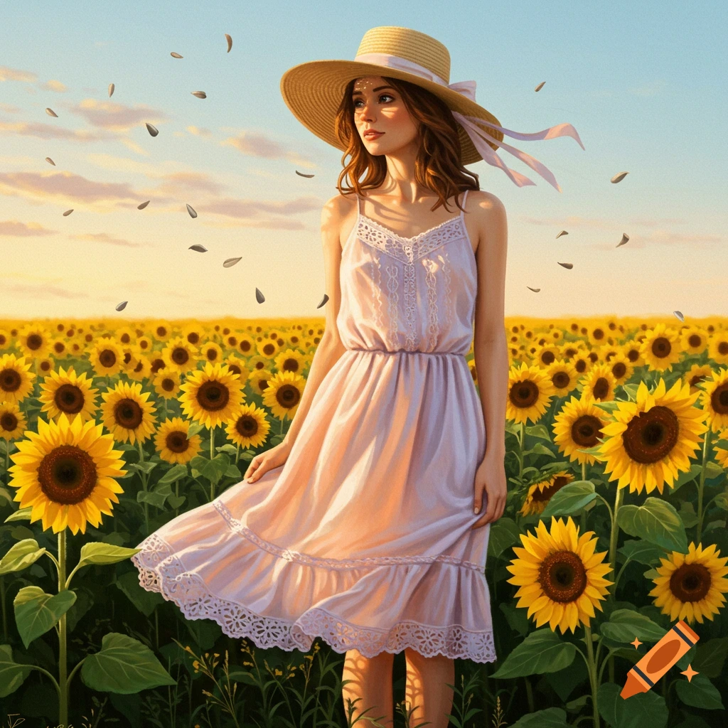 A woman in a light dress and straw hat stands in a vast sunflower field at sunset, with petals scattered in the sky.