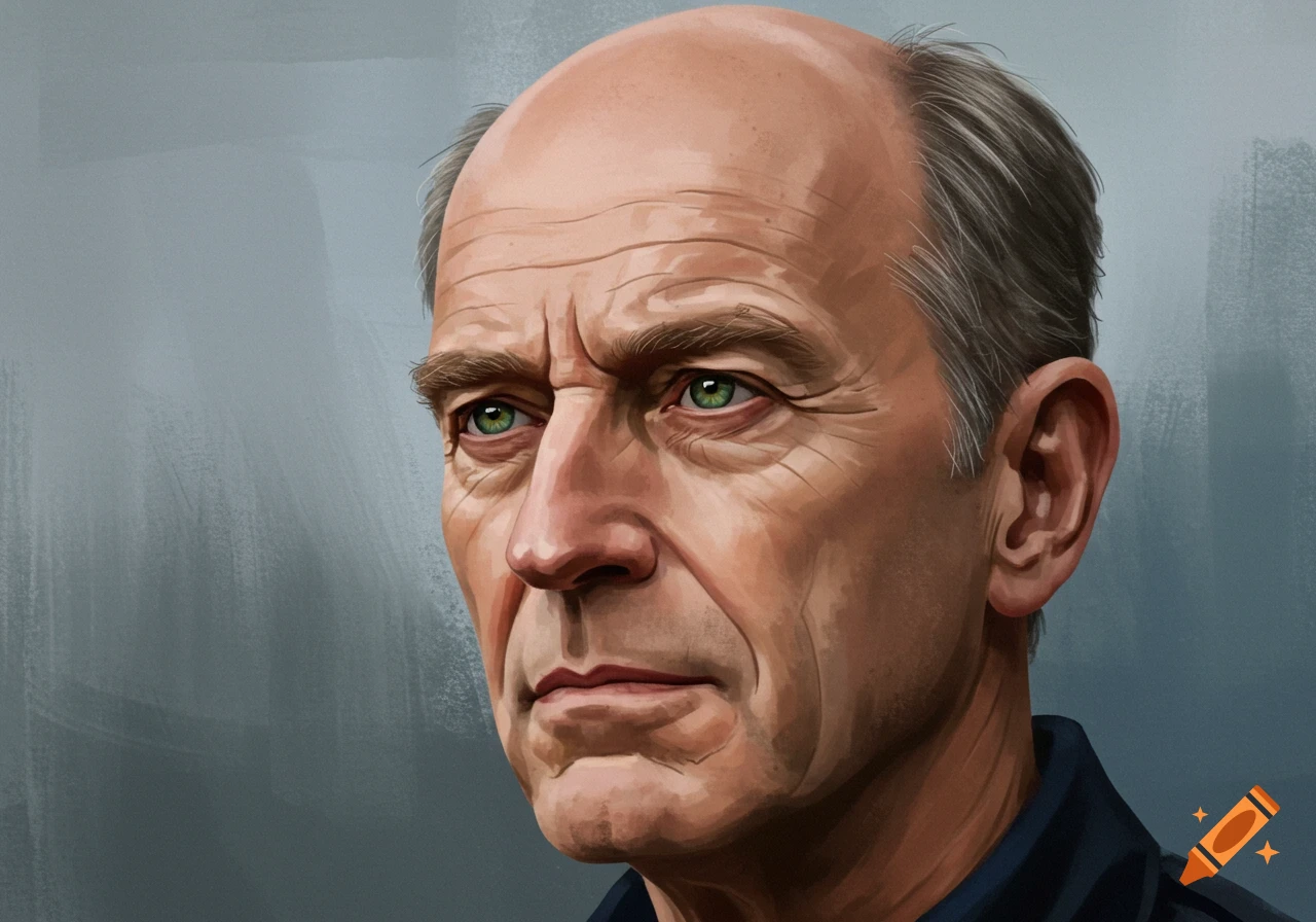 Digital painting of a balding man with green eyes, looking away with a neutral expression.