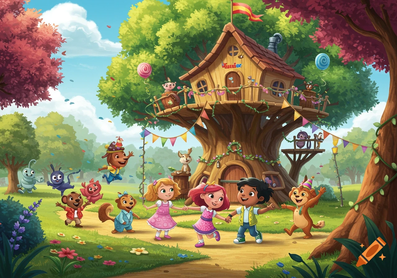 Vibrant cartoon illustration of children and anthropomorphic animals playing and dancing around a treehouse in a sunny forest.