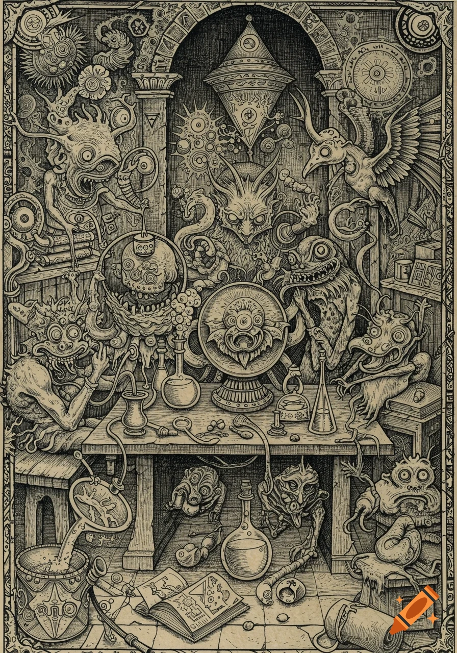 An intricate, highly detailed medieval woodcut-style illustration of strange, grotesque creatures gathered around a table in an alchemical laboratory filled with mystical symbols.