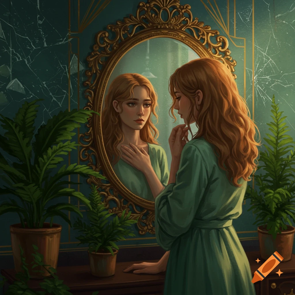 A woman with long, wavy red hair in a green dress gazes into an ornate gold mirror in a dark green room with plants.