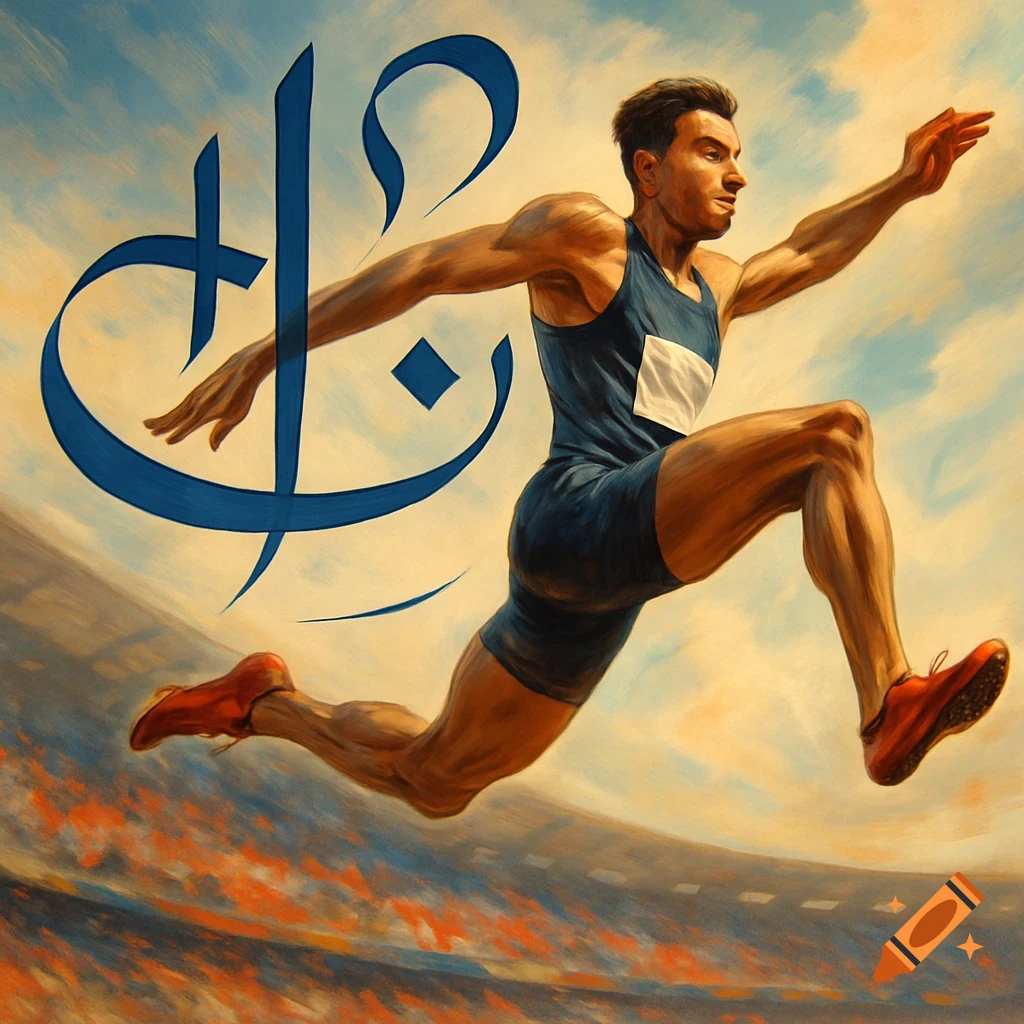A male long jump athlete in mid-air, rendered in an artistic painting style, with blue Nastaliq calligraphy in the background.
