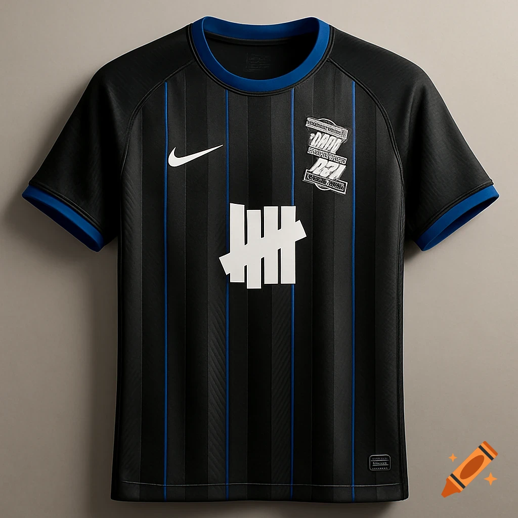 A black and blue striped sports jersey with a white Nike swoosh, a white Undefeated tally logo, and illegible text on a chest patch and hem tag, presented on a plain background.