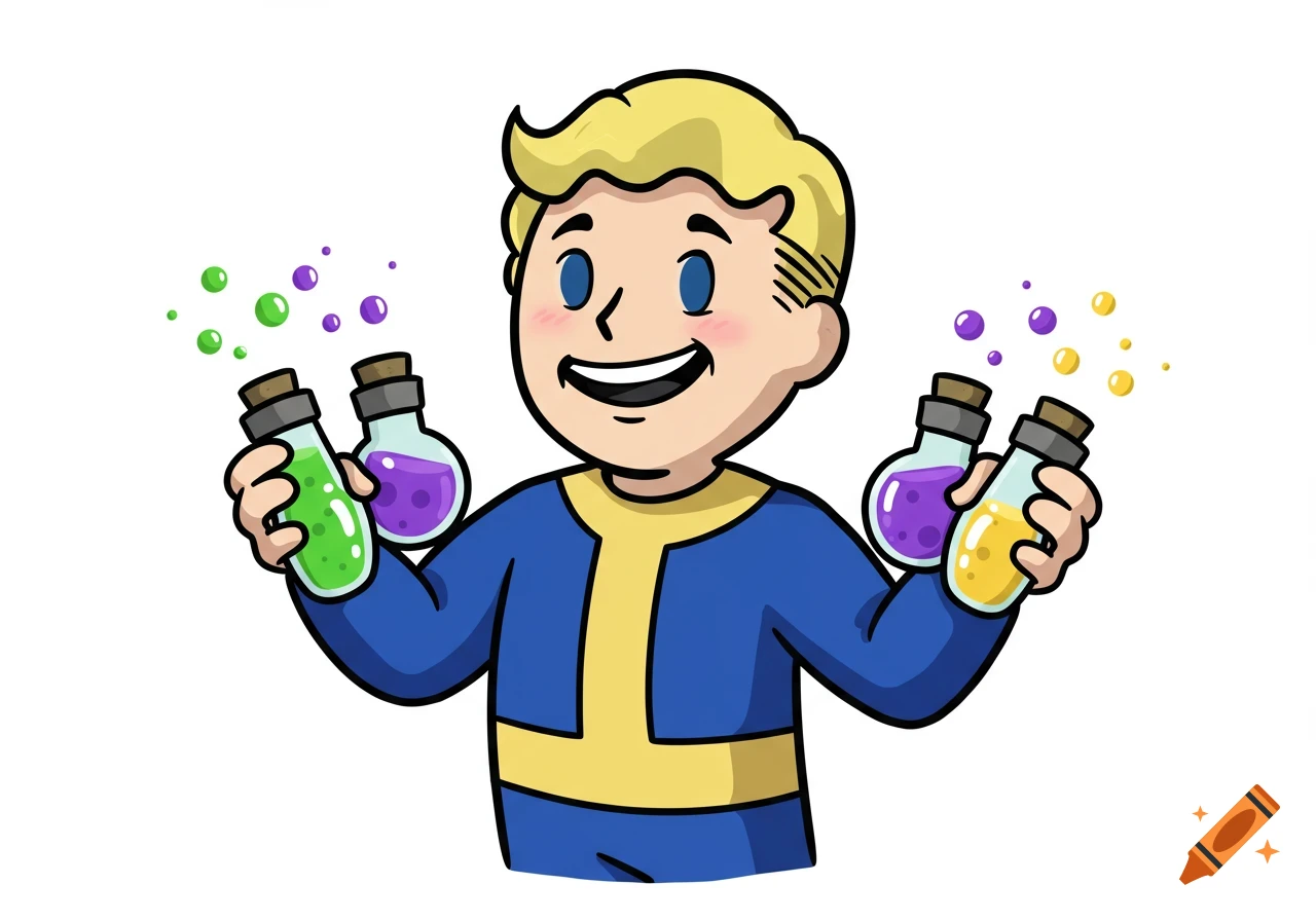 A cartoon illustration of Vault Boy smiling broadly and holding four colorful potion bottles with bubbles rising from them.