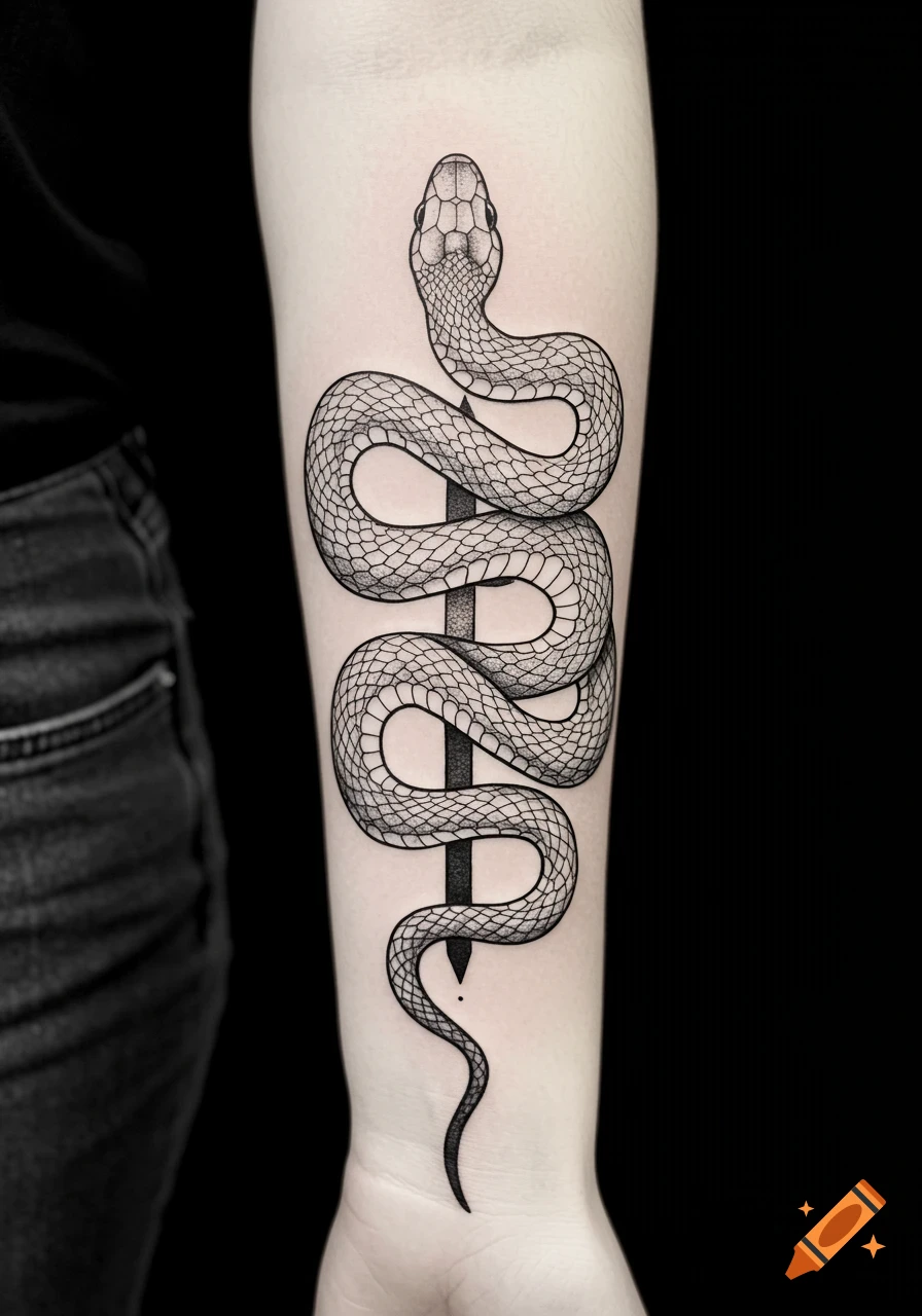 A black and grey tattoo of a detailed snake wrapped around a person's forearm.