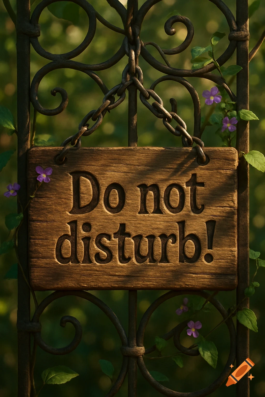 A wooden "Do not disturb!" sign hangs from a dark metal gate adorned with green vines and small purple flowers, set in a sunny garden.