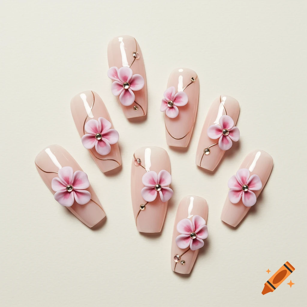 Eight artificial nails with pink 3D flowers, gold lines, and rhinestones, on a light background.