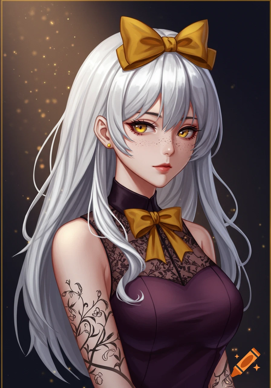 An anime woman with long silver hair, golden eyes, and freckles, wearing a plum-purple dress with black lace details and a golden bow. She has vine tattoos on her arm.