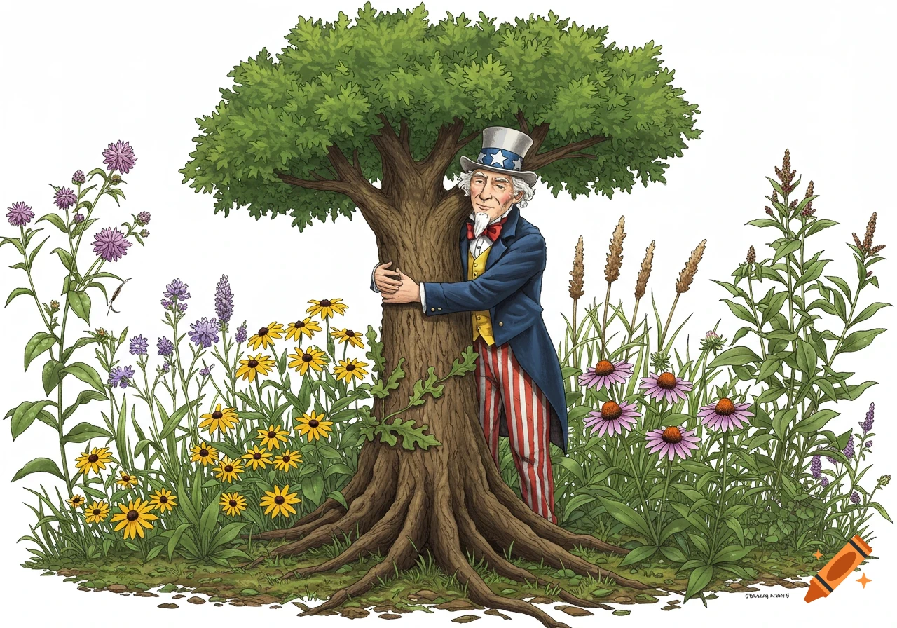 Illustrated Uncle Sam hugging a tree, surrounded by colorful wildflowers and green plants on a white background.