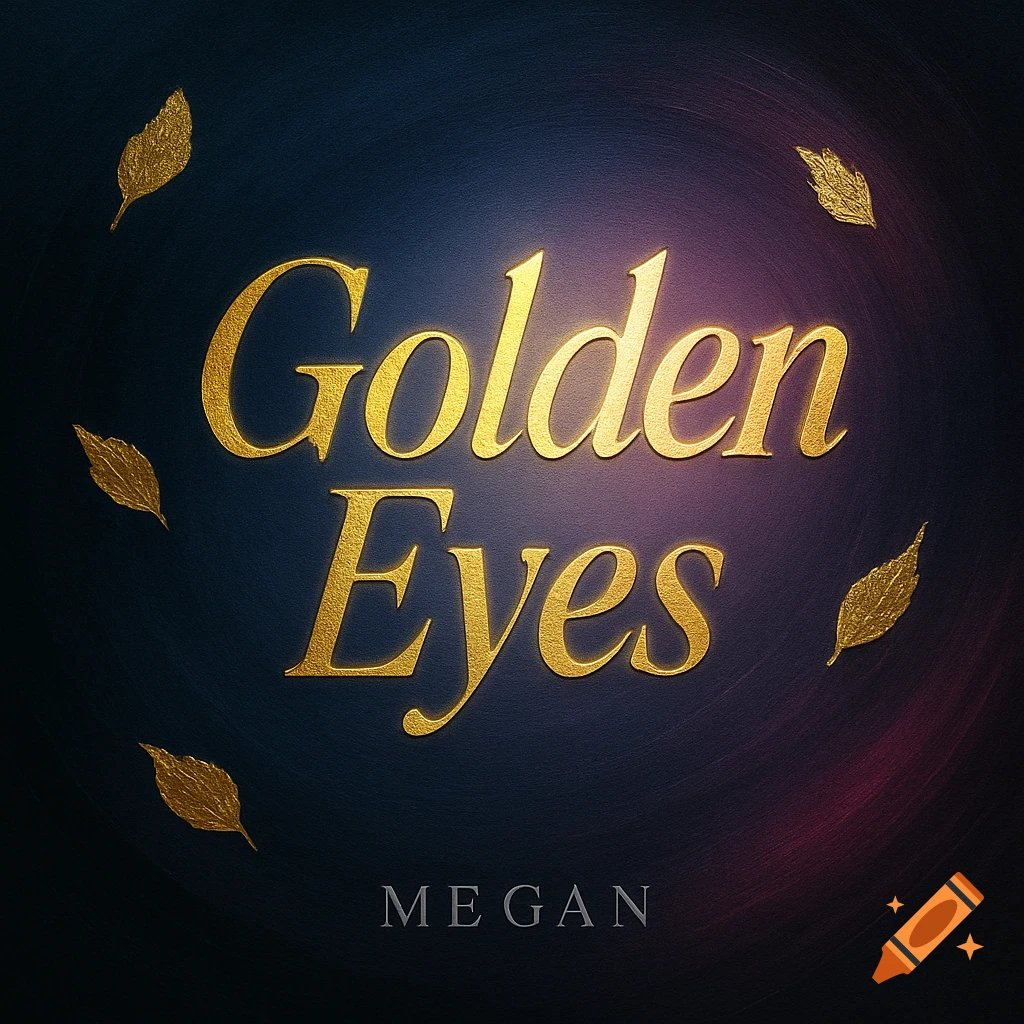 A dark, textured background with a central glow, featuring "Golden Eyes" in large, golden, textured typography and "MEGAN" in smaller silver letters below, surrounded by golden leaves.