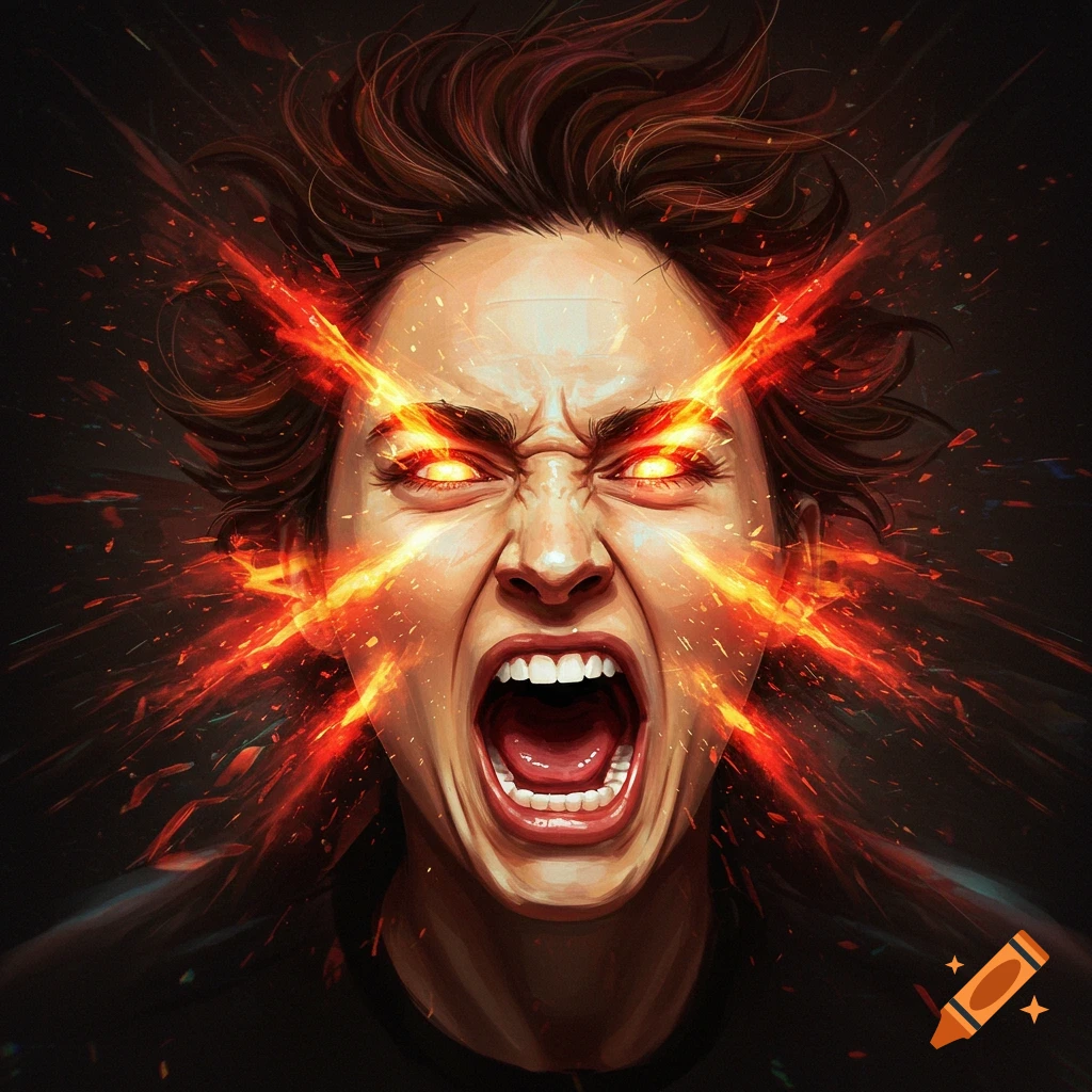 Close-up of a person screaming with glowing orange eyes and fiery energy bursting around their head against a dark background.