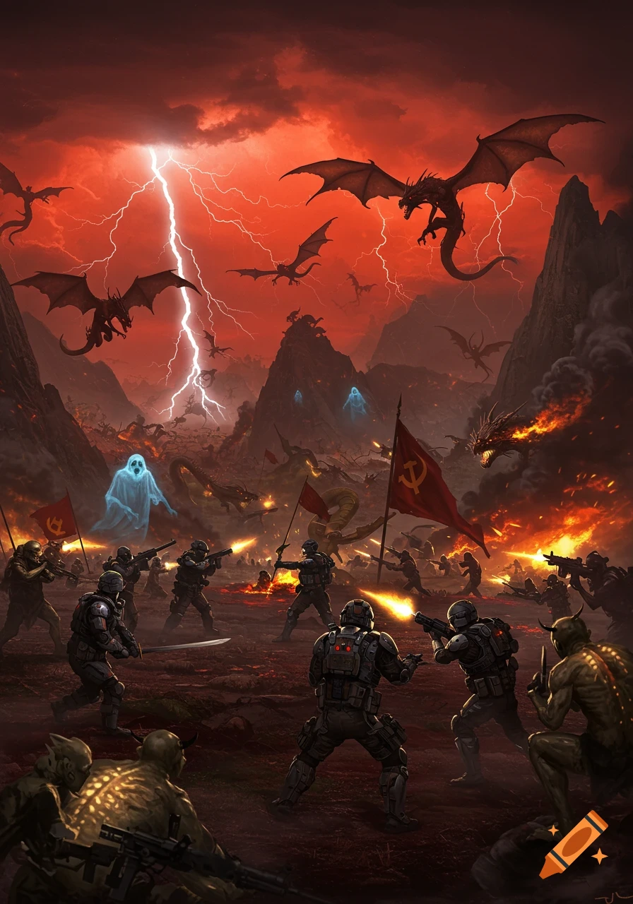 Soldiers battle dragons, demons, and ghosts under a fiery, lightning-filled red sky, amidst a war-torn landscape.