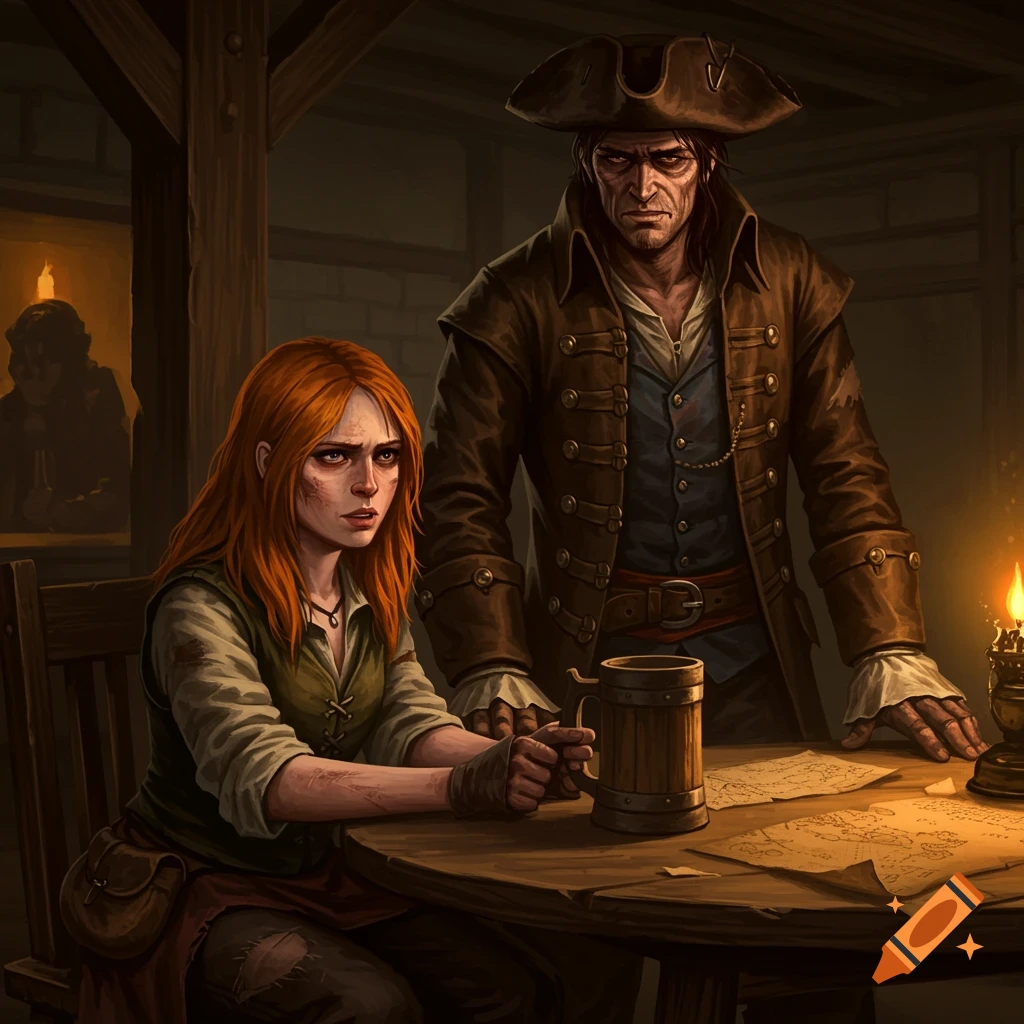 A grim-faced red-haired woman and a man in a tricorn hat sit at a tavern table with maps, in a dark fantasy illustration.