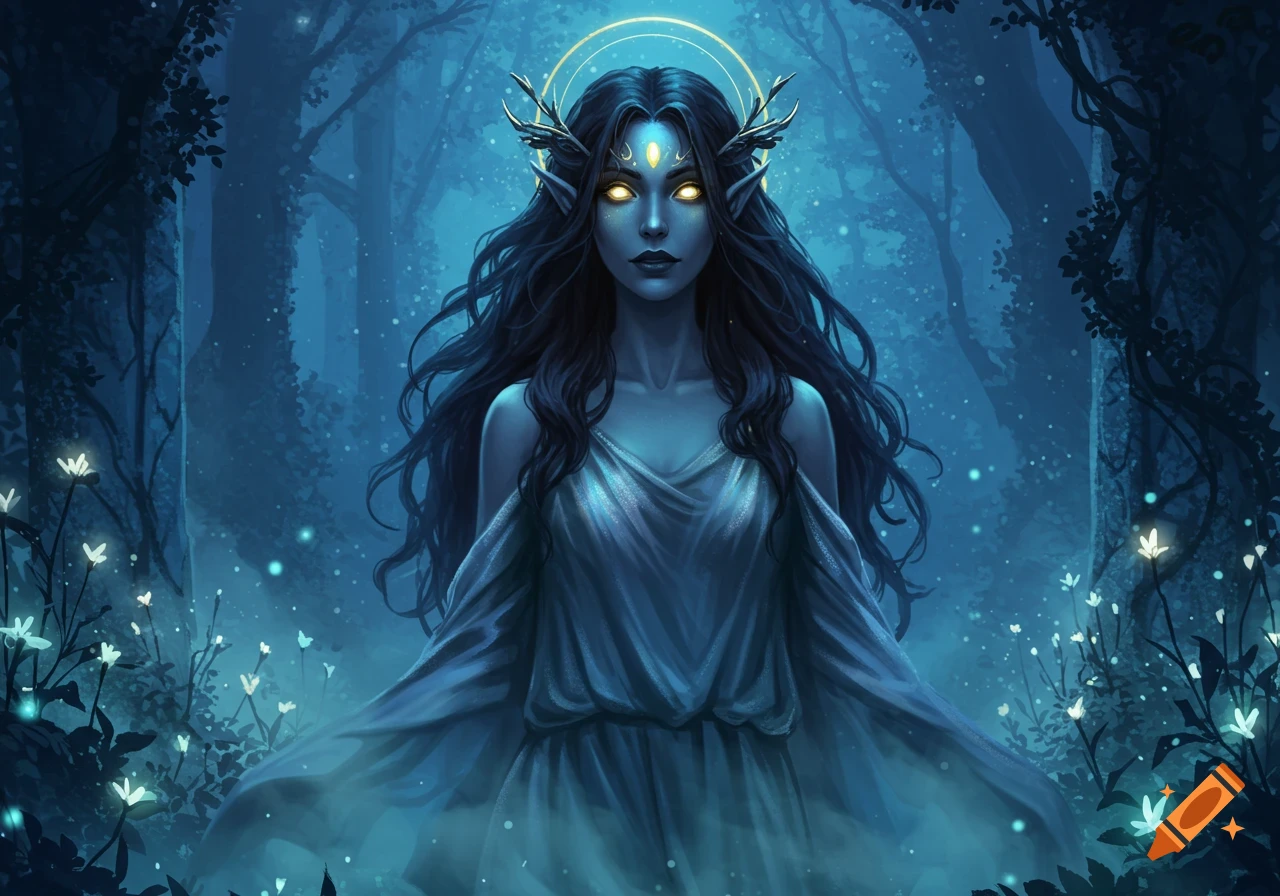 A goddess-like woman with long dark hair, glowing yellow eyes, and antlers stands in a mystical blue forest.