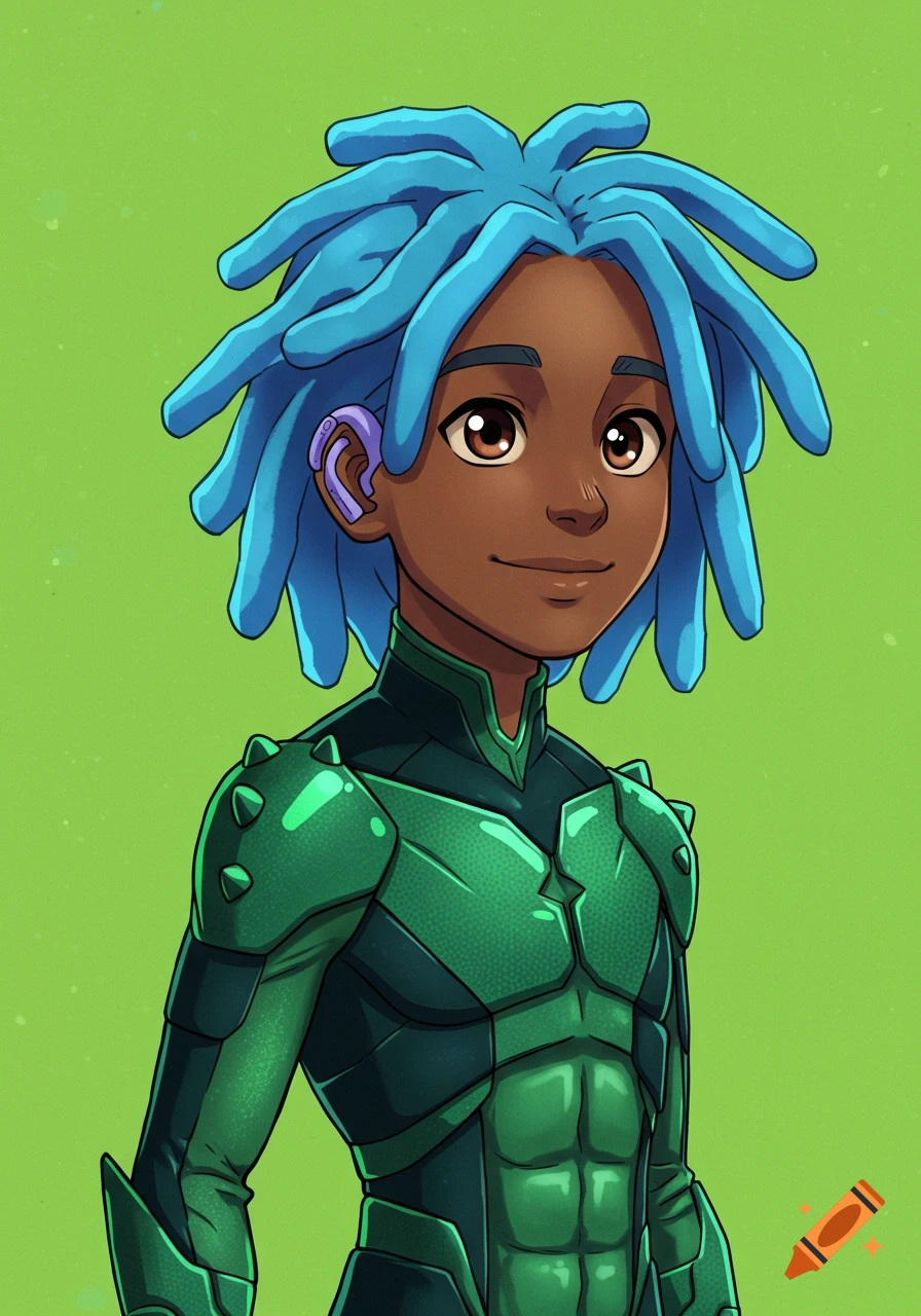 Anime-style illustration of a dark-skinned teenage superhero with blue dreadlocks and purple hearing aids, wearing a green and black iguana-like suit.