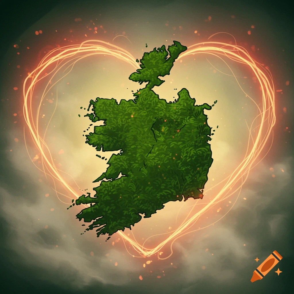 A green, textured map of Ireland is encircled by a glowing orange heart of light, set against a smoky, atmospheric background.
