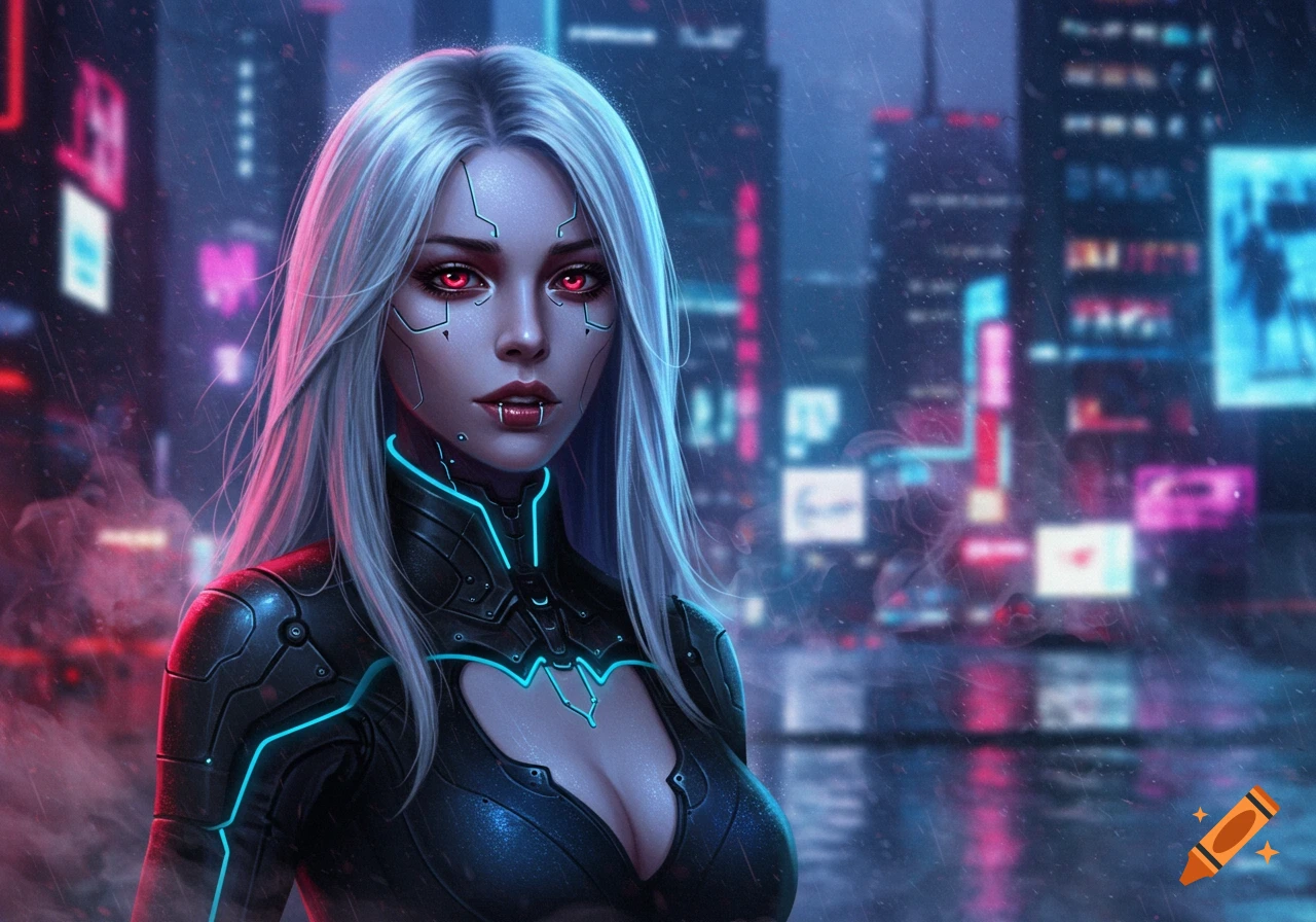 A white-haired cyberpunk woman with red eyes and glowing blue accents on her suit stands in a neon-lit, rainy city at night.