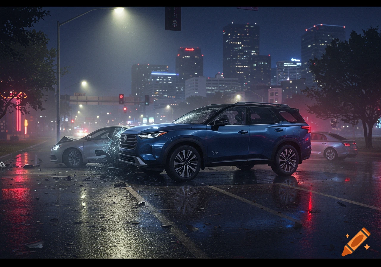 A blue SUV and a silver sedan are involved in a car accident on a wet city street at night, with broken glass and debris scattered. City buildings are visible in the background under streetlights.