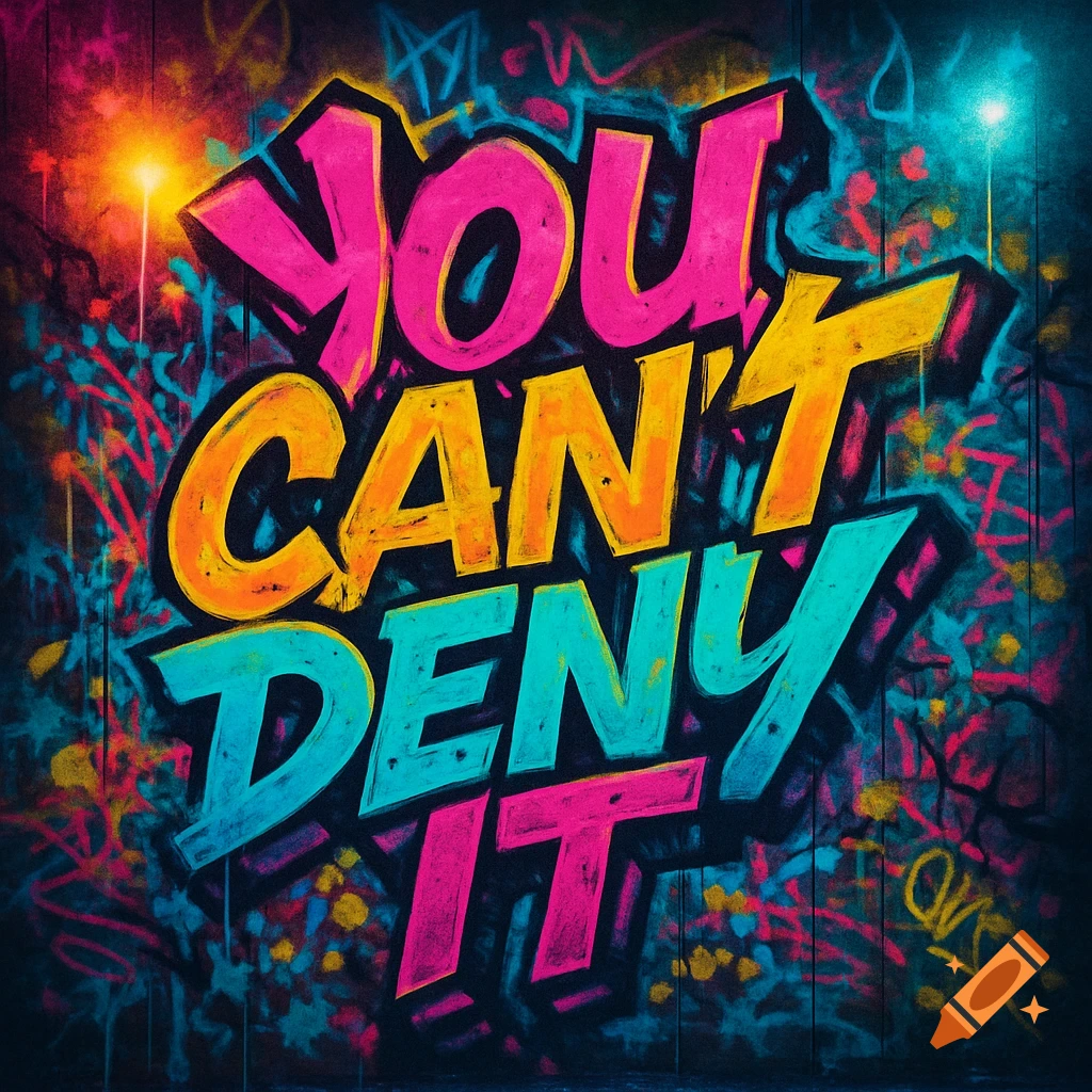 Colorful 80s style graffiti art saying 'You Can't Deny It' on a dark wall.