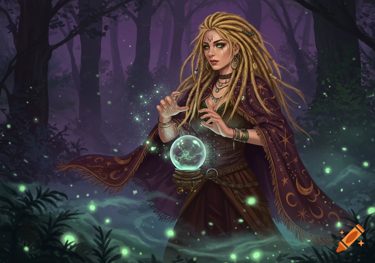 A realistic digital painting of a blonde witch with dreadlocks casting a spell with a glowing crystal ball in a dark, mystical forest.