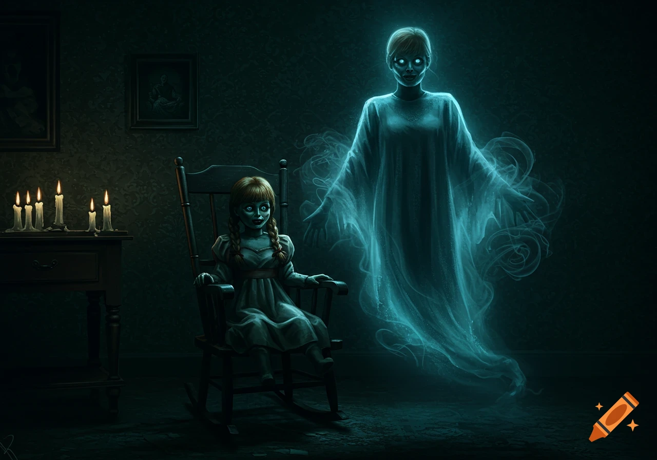 A creepy doll with glowing eyes sits in a rocking chair, with a translucent, glowing blue ghost standing behind it in a dark, candlelit room.
