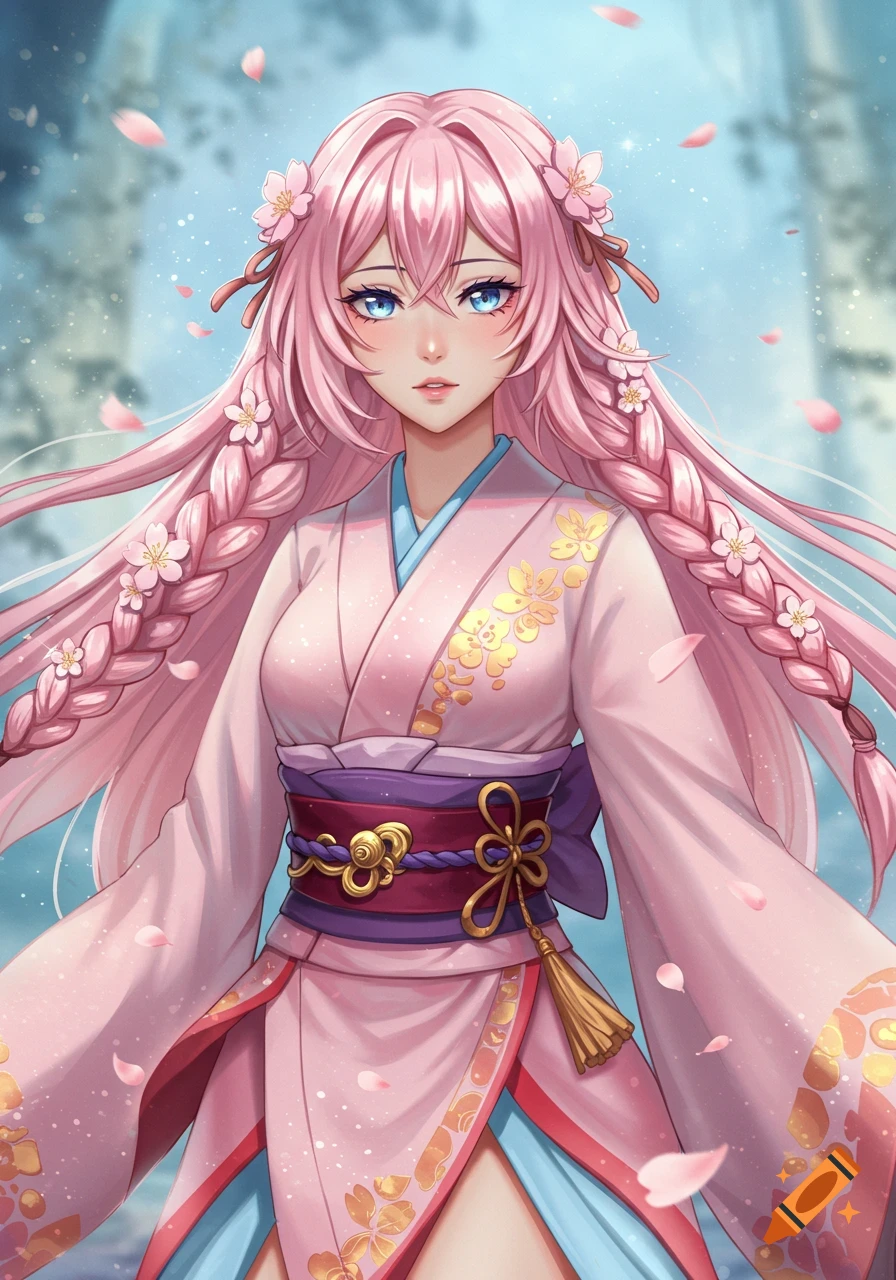 An anime-style portrait of a woman with long pink braided hair adorned with cherry blossoms, wearing a pink kimono, against a soft blue background.