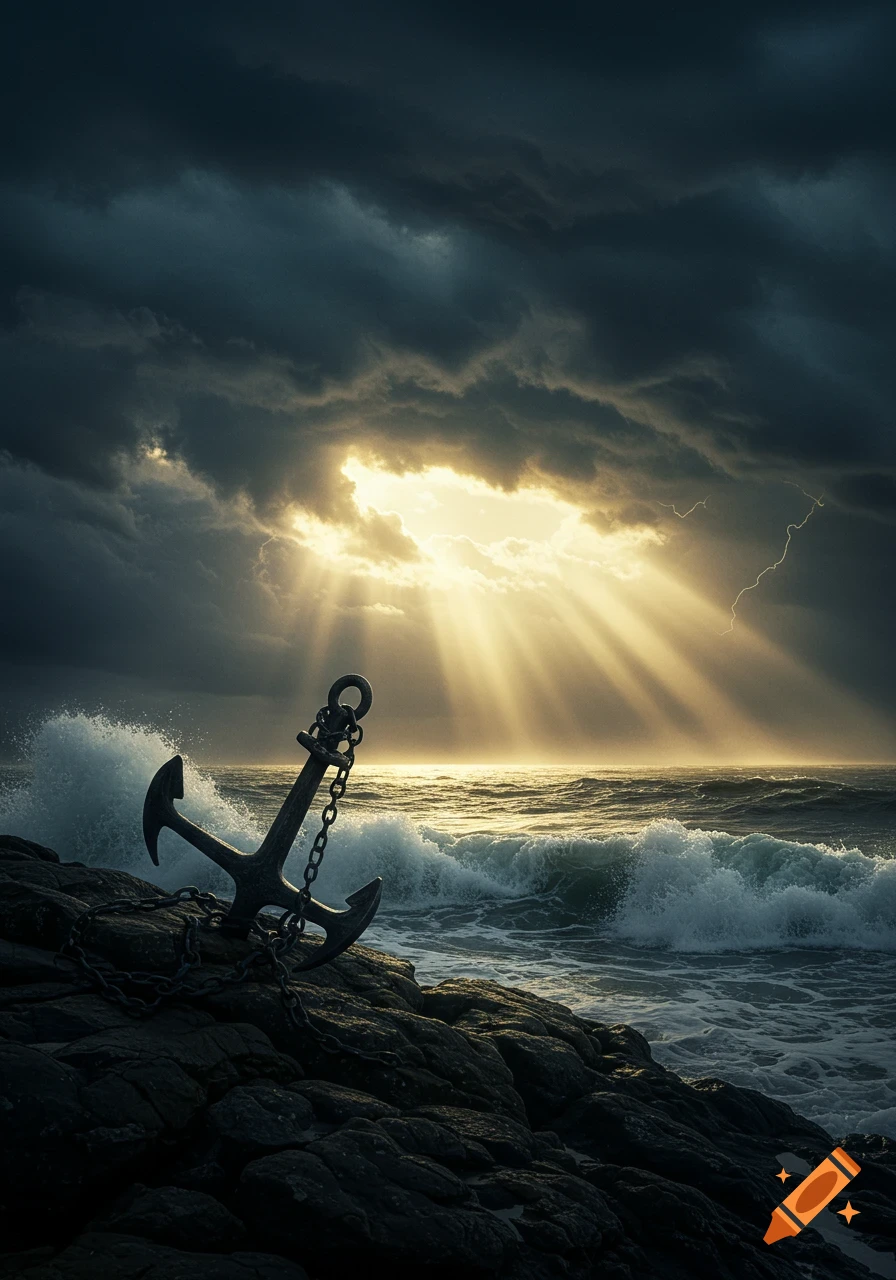 A dramatic photorealistic seascape with a large anchor on rocks, storm clouds, sun rays breaking through, and crashing waves.