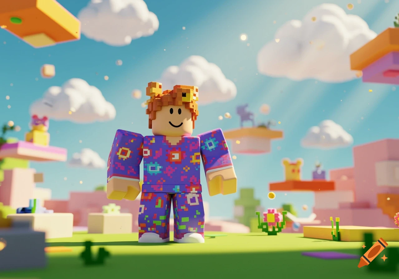 A Roblox character in pixelated pajamas stands in a vibrant, blocky fantasy world with floating islands and fluffy clouds.