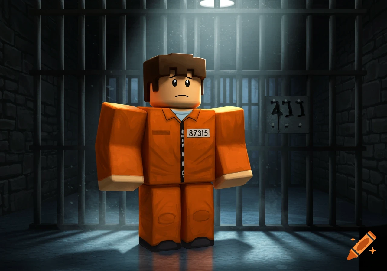 A sad Robloxian character in an orange jumpsuit stands in a dimly lit prison cell.