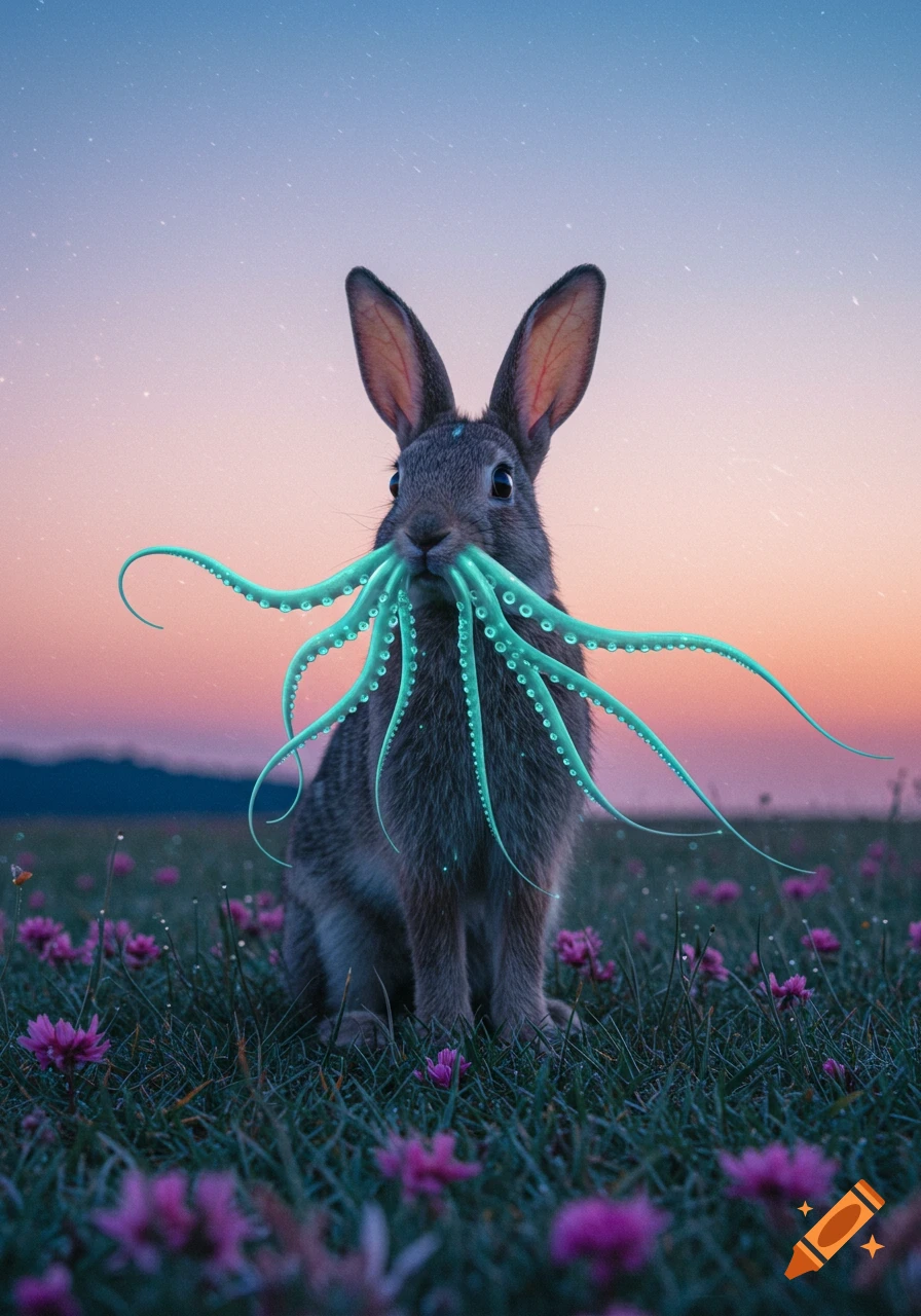 A photorealistic rabbit with glowing teal tentacles protruding from its face stands in a field of purple flowers at dusk.