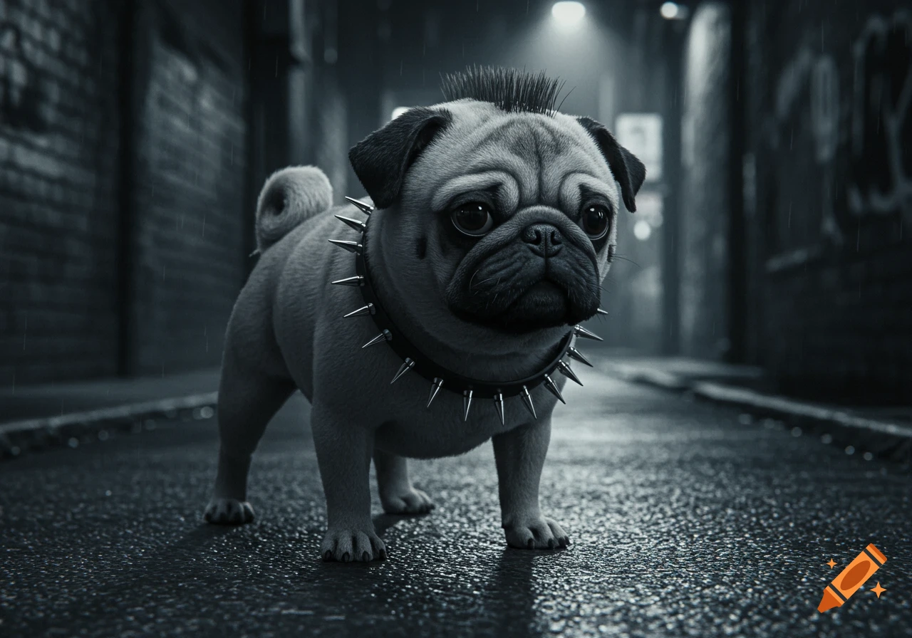 A stylized pug with a mohawk and spiked collar stands in a dark, wet alley in a monochromatic, photorealistic style.
